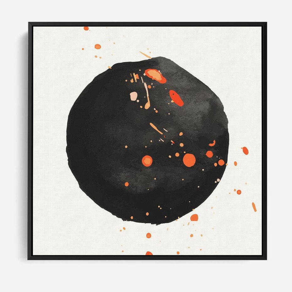 Obraz w ramie 50x50 - Wnętrza Marzeń - abstrakcyjna czarna plama, rozsiane pomarańczowe kropki - rama czarna