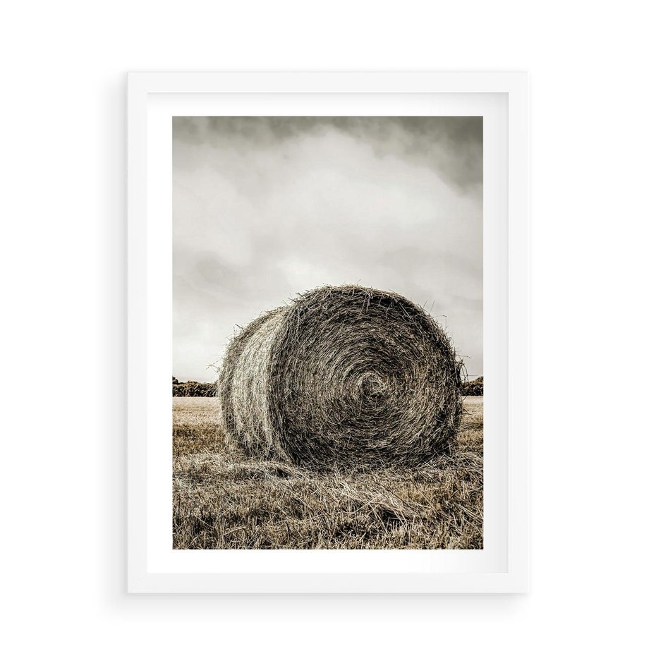 Plakat w ramie 50x70 - Siano w Sepii: Wiejska Tradycja - snopek siana, bela siana - rama biała