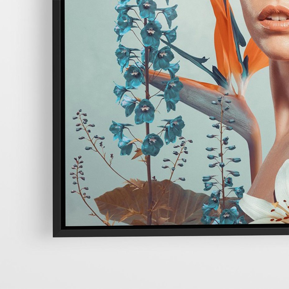 Obraz w ramie 100x70 - Kwiatowa Enklawa Uroku - kolaż, nierealna kompozycja - rama czarna