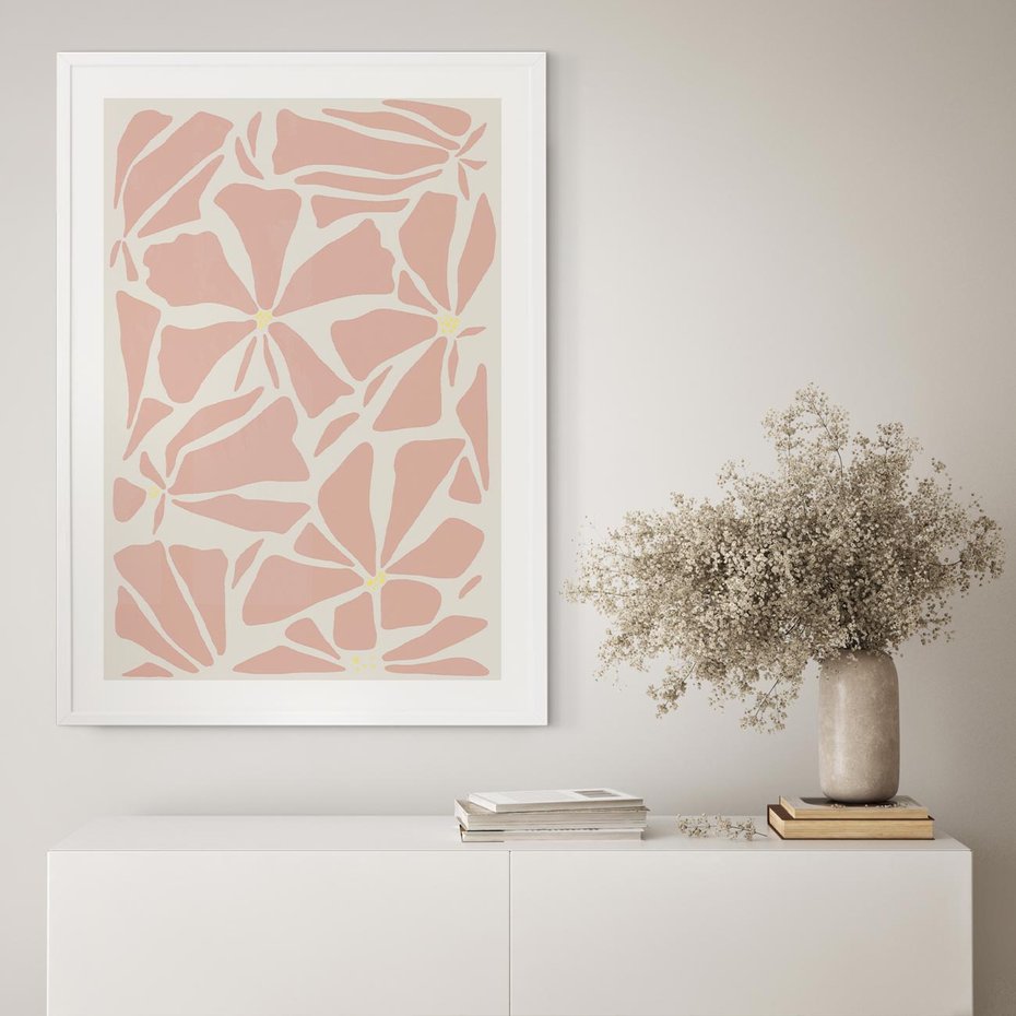 Plakat w ramie 40x50 - Akwarelowe Promienie - abstrakcyjne boho kwiaty, kompozycja - rama biała