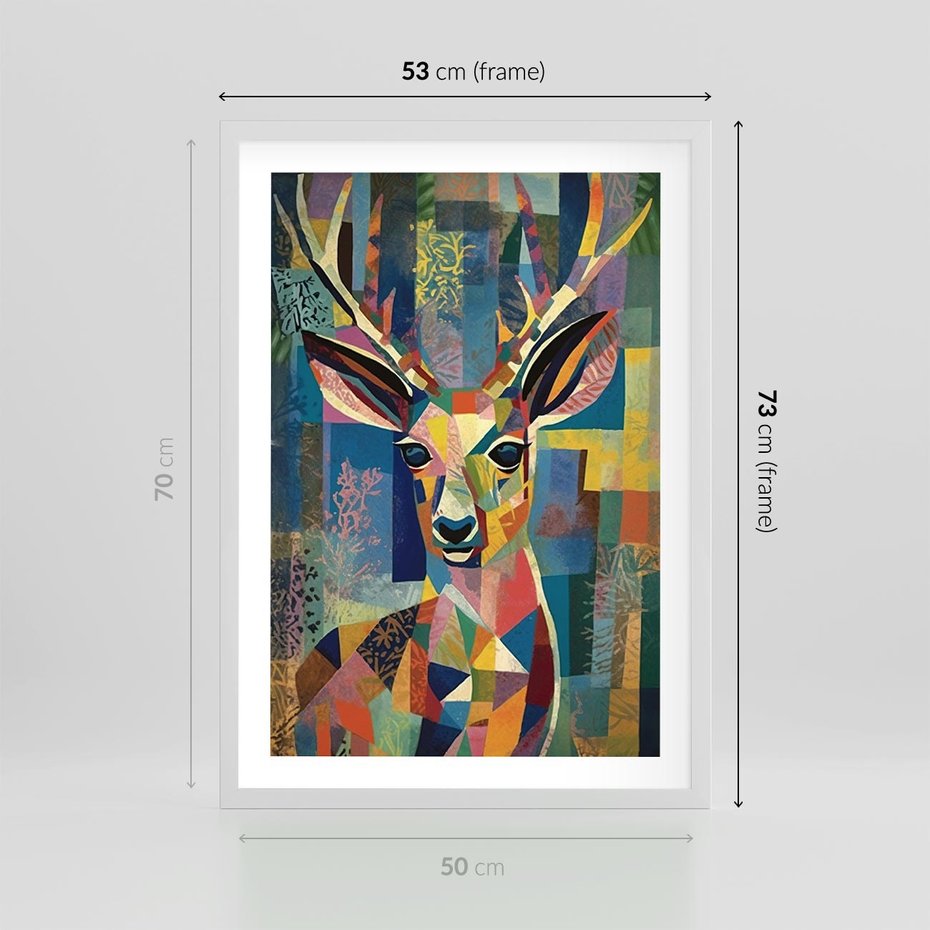 Plakat w ramie 50x70 - Bezgraniczne Kontury Zaskoczenia - abstrakcyjny obraz olejny, jeleń - rama biała