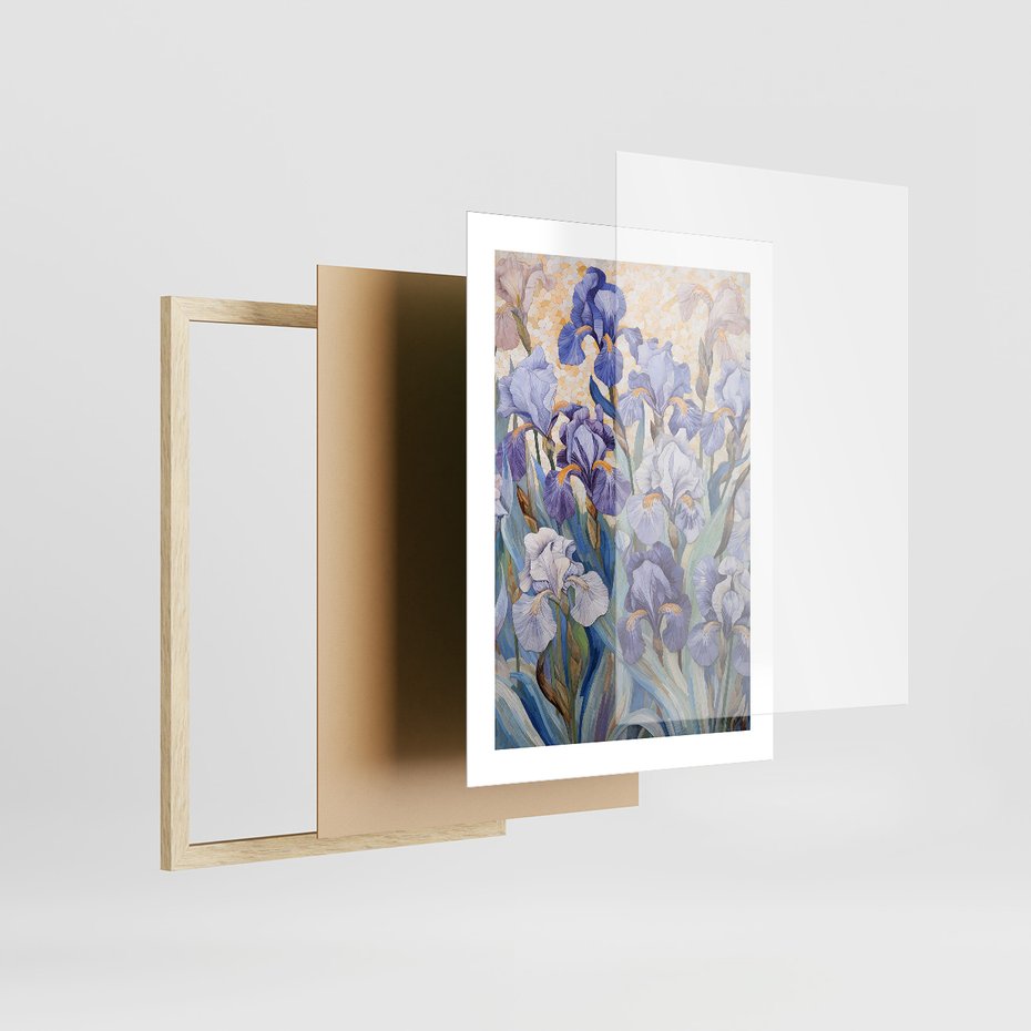 Zestaw obrazy w ramie 50x70 galeria - kwiaty, łąka, akwarela, irys, boho - rama drewno