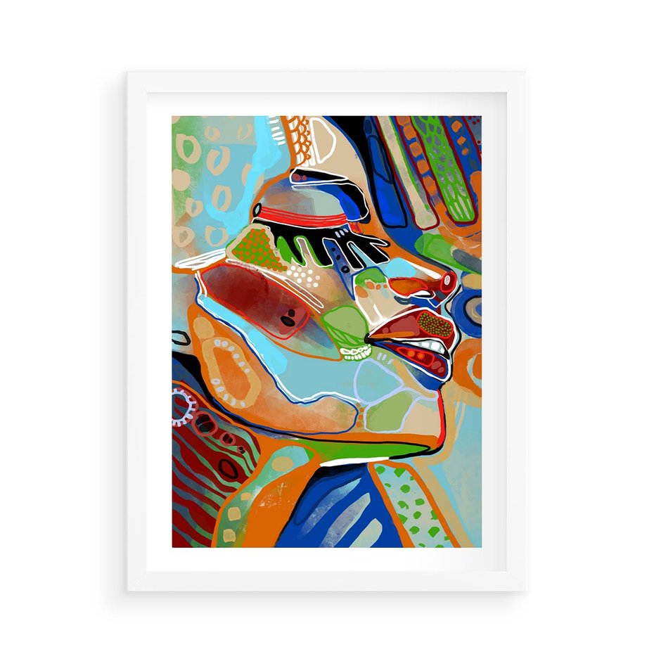 Plakat w ramie 50x70 - Kolorowe Wnętrza Kształtów - abstrakcyjny portret kobiety, twarz - rama biała