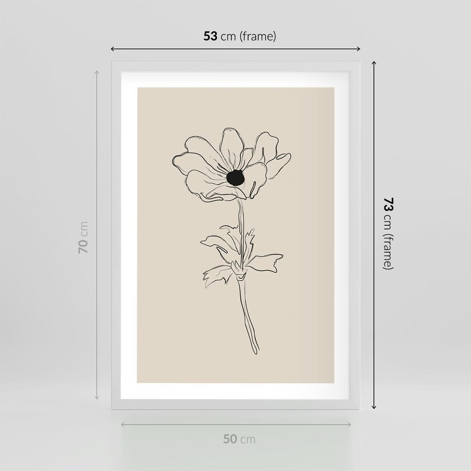 Plakat w ramie 50x70 - Przenikający Dialog - szkic kwiatu, mnimalistyczny szkic - rama biała