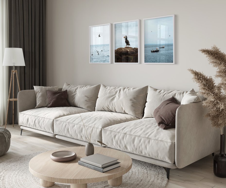 Zestaw obrazy w ramie 40x50 galeria - Morze, łodzie, ptaki, nostalgia - rama biała