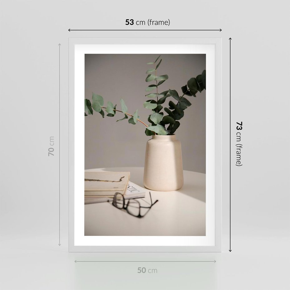 Plakat w ramie 50x70 - Eukaliptusowe liście w okularach - liście, eukaliptus - rama biała