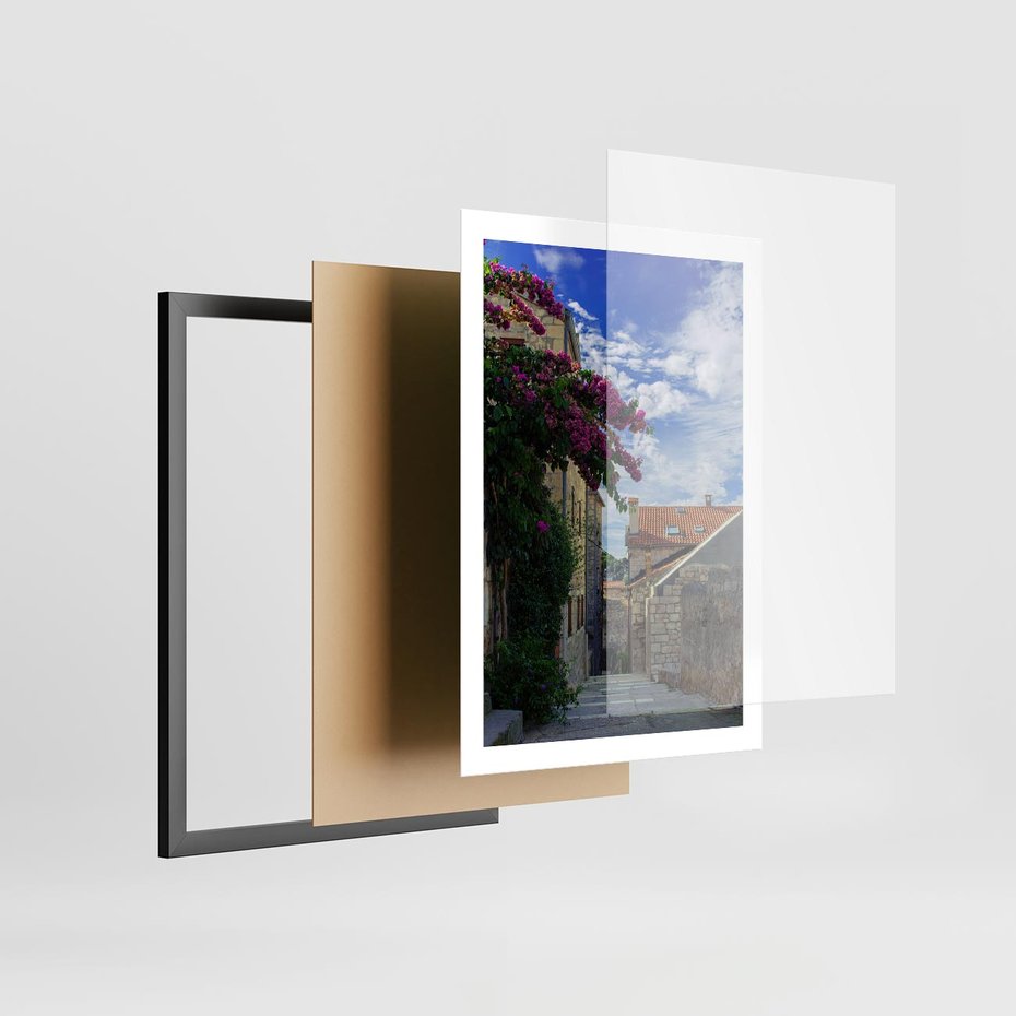 Plakat w ramie 50x70 - Uliczka: perspektywa w mieście - uliczka, perspektywa - rama czarna