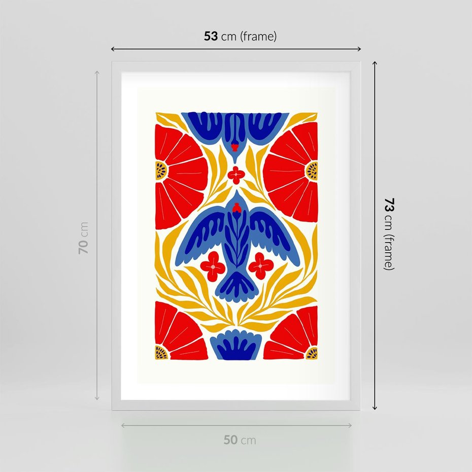 Plakat w ramie 50x70 - Eklektyczny Majestat - wyrazista grafika, mocne kolory czerwień niebieski żółty - rama biała