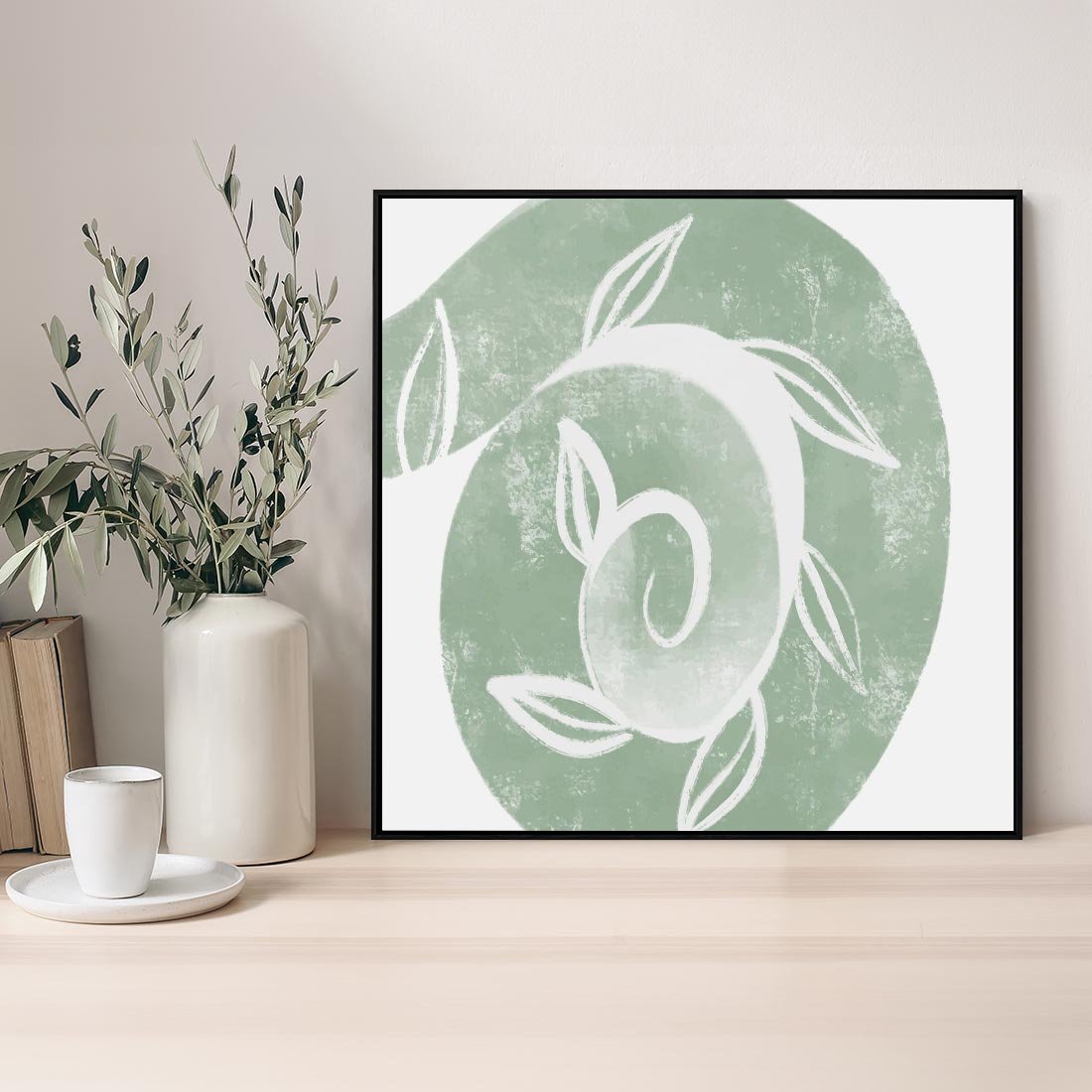 Obraz w ramie 50x50 - Zielony Świat Odpoczynku - abstrakcyjny zielony motyw, skandynawski design - rama czarna