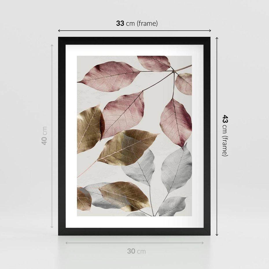 Plakat w ramie 30x40 - Pastelowe Liście z Nutką Złota - liście, pastelowe kolory - rama czarna