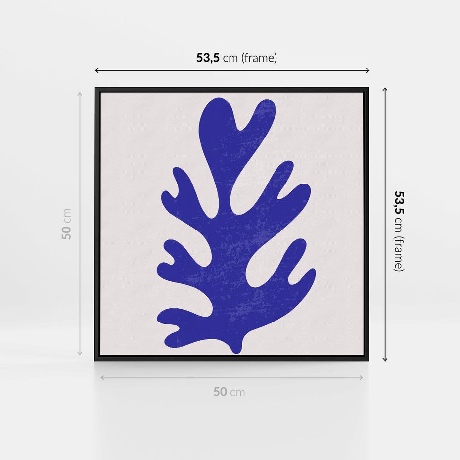 Obraz w ramie 50x50 - Przenikająca Struktura - boho plakat, niebieski liść w intensywnym kolorze - rama czarna