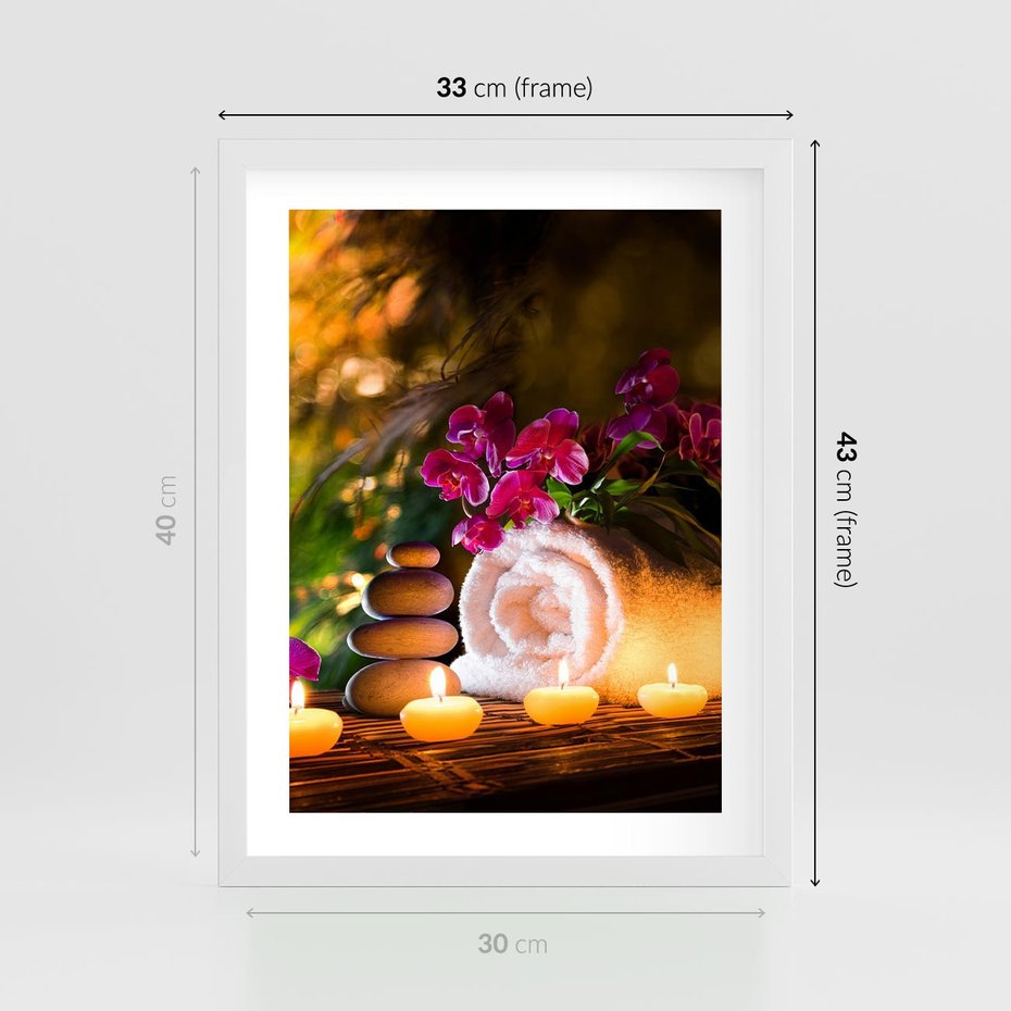 Plakat w ramie 30x40 - Relaksujące spa z płonącymi świecami - spa, świece - rama biała