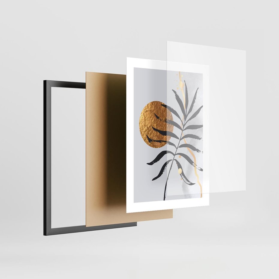 Plakat w ramie 30x40 - Grafika z Czarnym Liściem Palmy - czarny liść palmy, złóte kołó - rama czarna