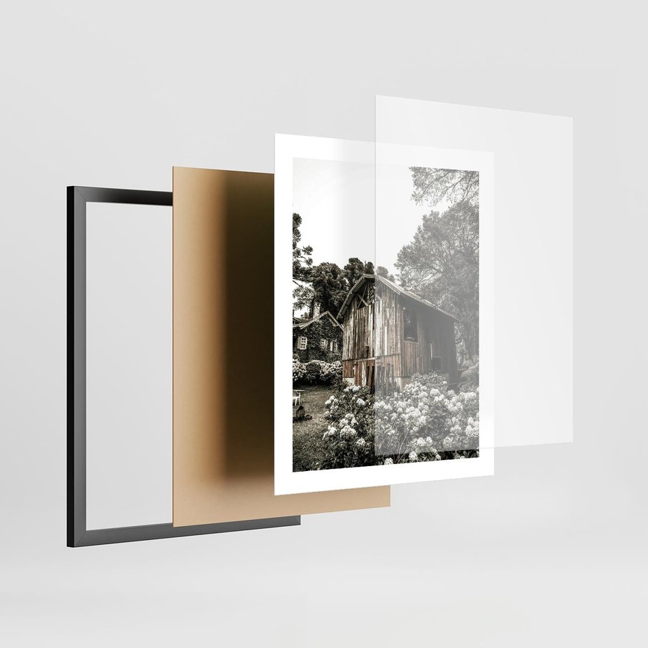 Plakat w ramie 40x50 - Oaza Uroku: Drewniana Chatka i Ogród - domek, ogród - rama czarna