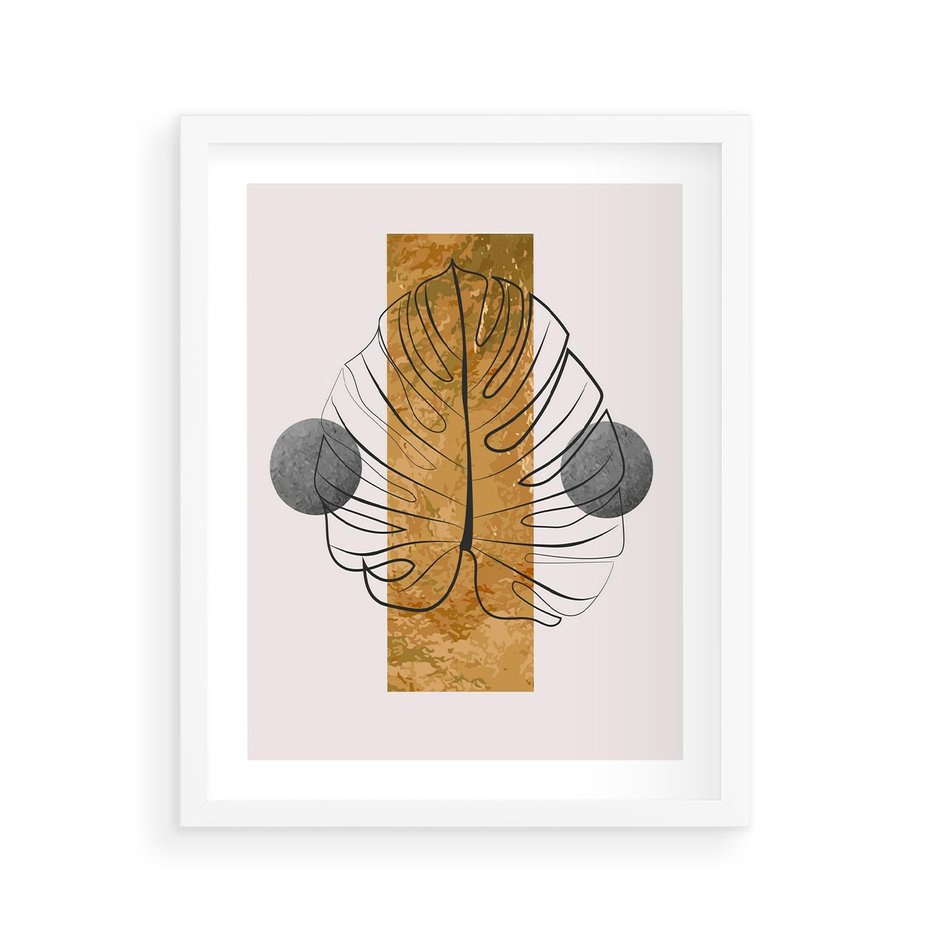 Plakat w ramie 40x50 - Minimalistyczna Monstera: Złoty Prostokąt - liść  monstery, minimalizm - rama biała