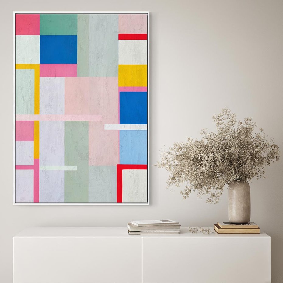 Obraz w ramie 70x100 - Rozbijające Granice Wyobraźni - abstrakcyjne geometryczne kształty, olejny obraz - rama biała