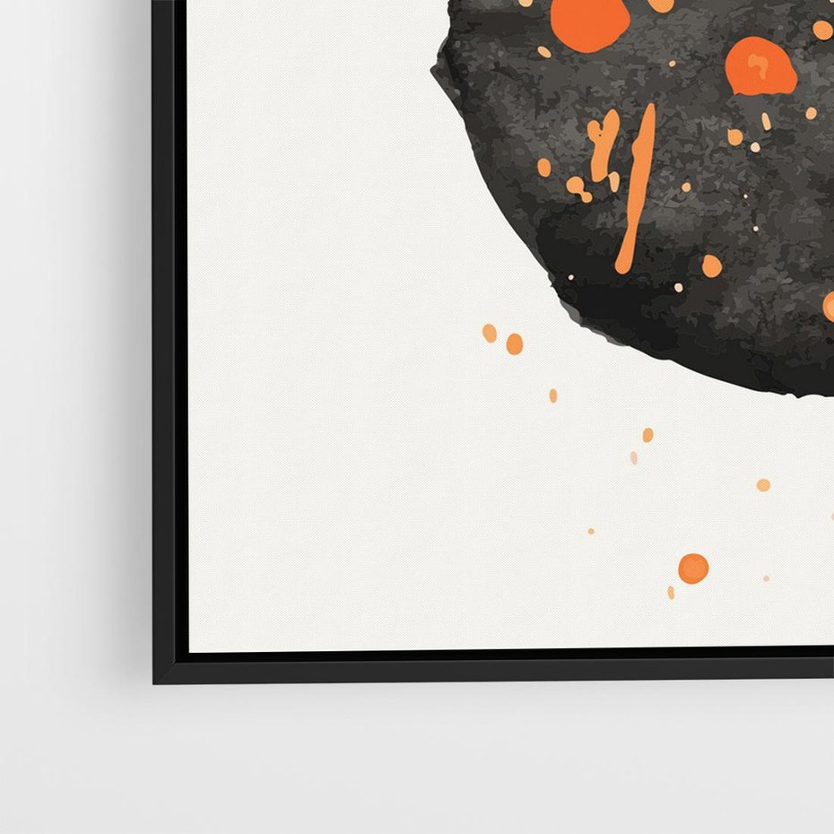 Obraz w ramie 50x50 - Impulsy Kreatywności - abstrakcyjna czarna plama, rozsiane pomarańczowe kropki - rama czarna