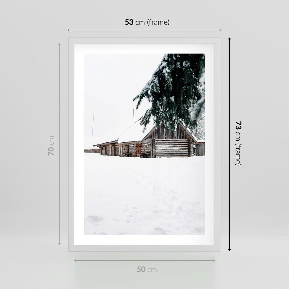Plakat w ramie 50x70 - Zimowy Azyl - domek w górach, śnieg - rama biała