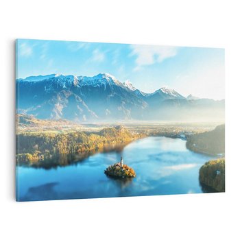 Obraz na płótnie 70x50 - Zamek pośrodku jeziora - jezioro, góry