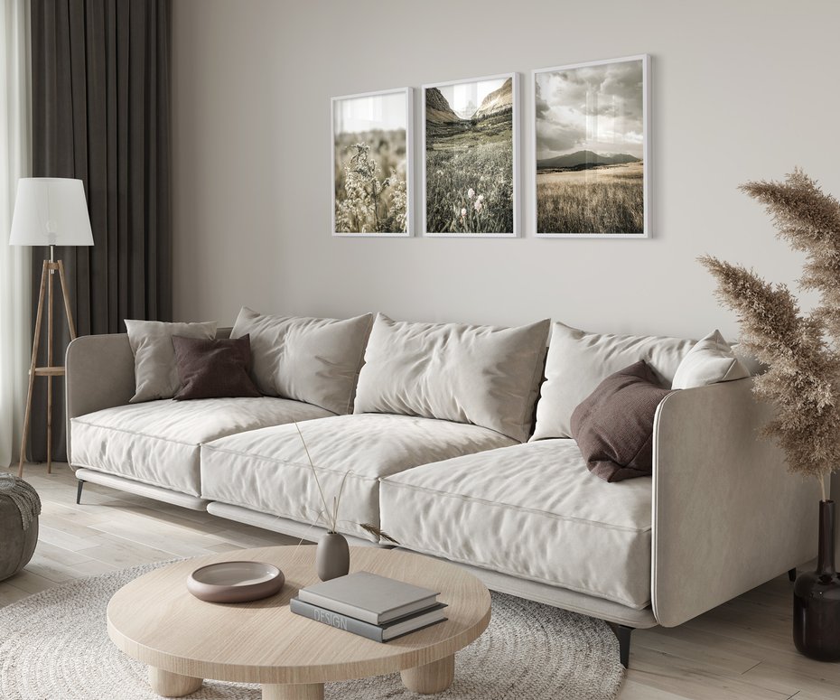 Zestaw obrazy w ramie 30x40 galeria - Boho, łąka, w, górach - rama biała