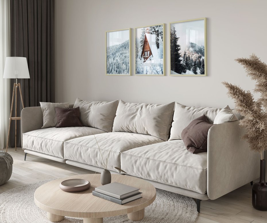 Zestaw obrazy w ramie 50x70 galeria - Zima, górski, domek, śnieg - rama drewno