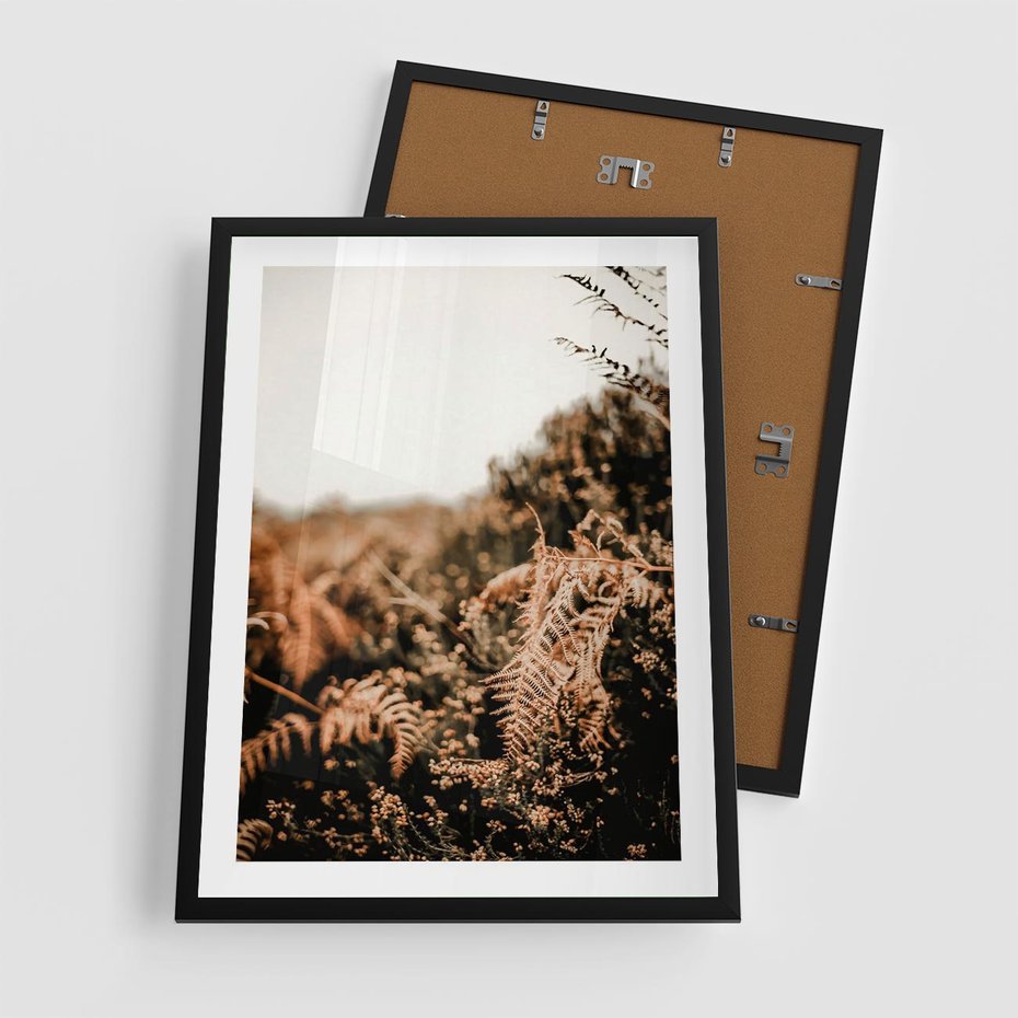 Plakat w ramie 50x70 - Jesienna Harmonia - suche paprocie, jesienny krajobraz - rama czarna