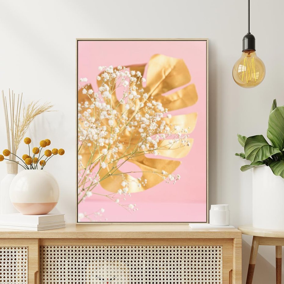 Obraz w ramie 80x120 - : Elegancja w Złocie - złote, liście - rama drewno