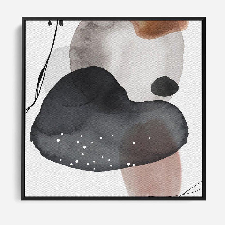 Obraz w ramie 50x50 - Impresje Harmonii - abstrakcyjne plamy akwarelowe, czarny szkic - rama czarna