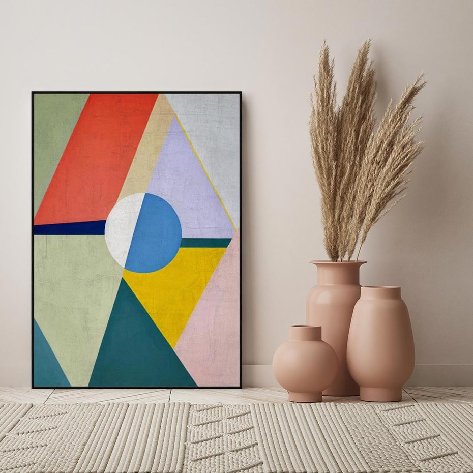 Obraz w ramie 50x70 - Taniec Subtelnych Odbić - abstrakcyjne geometryczne kształty, olejny obraz - rama czarna