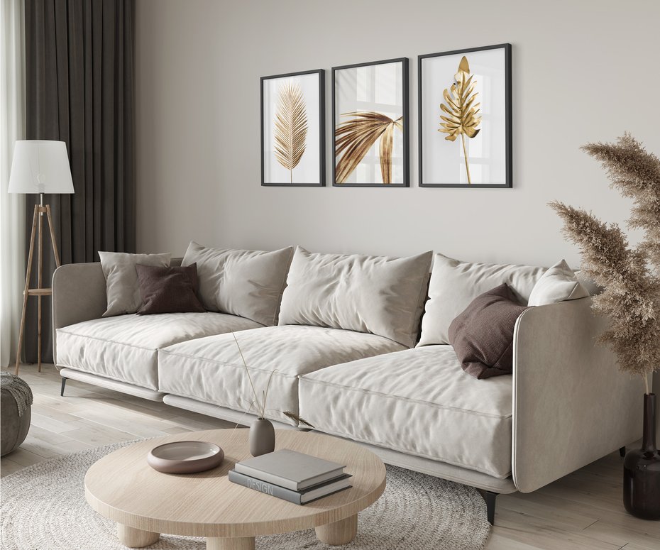 Zestaw obrazy w ramie 30x40 galeria - Złote, palmy, liście, tropikalne, minimalizm - rama czarna