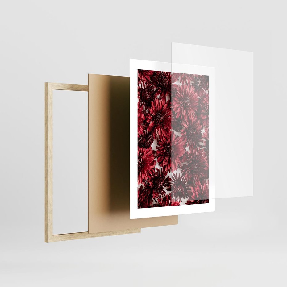 Plakat w ramie 30x40 - Energia Kwiatów - czerwone kwiaty, kompozycja - rama drewno