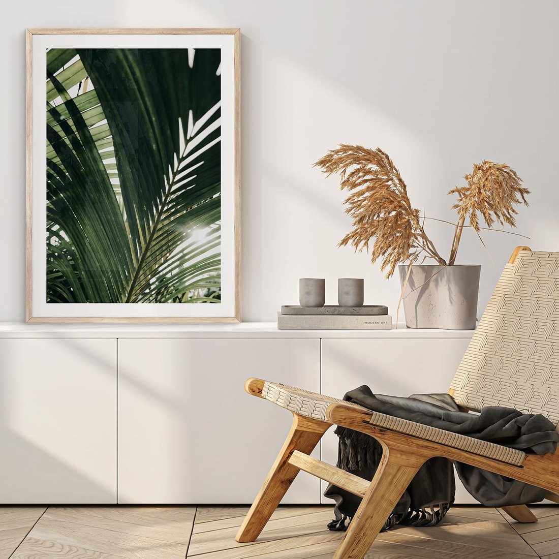 Plakat w ramie 30x40 - Tropikalne Uroki: Palmy i Zielone Liście - palmy, zielone liście - rama drewno