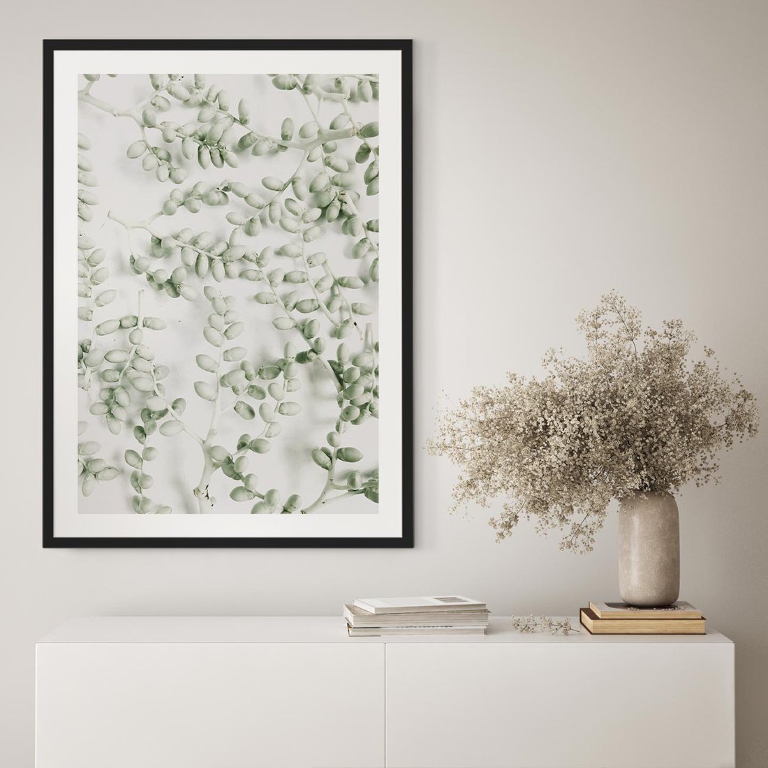 Plakat w ramie 50x70 - Delikatność Zieleni - zielone gałązki, listki - rama czarna