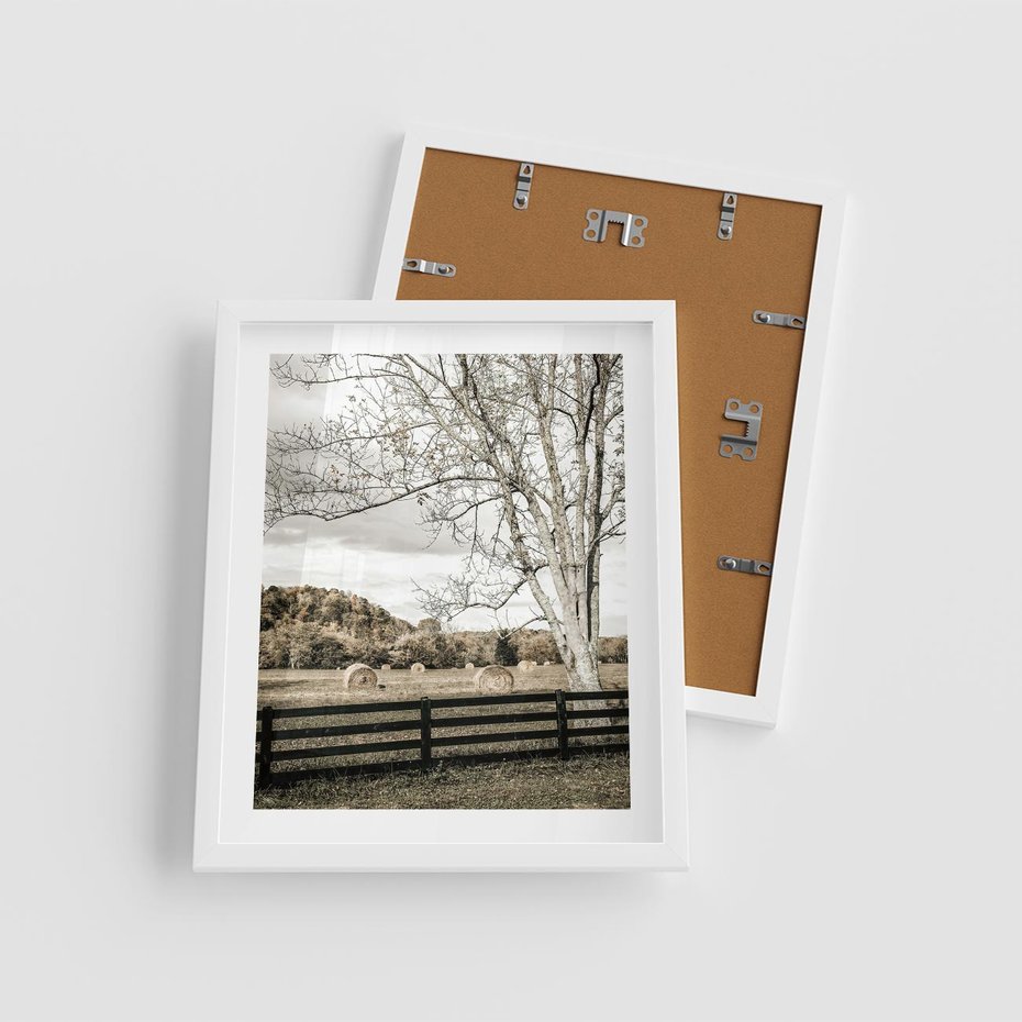 Plakat w ramie 40x50 - Drzewa i Snopki Siana - farma, drzewa - rama biała