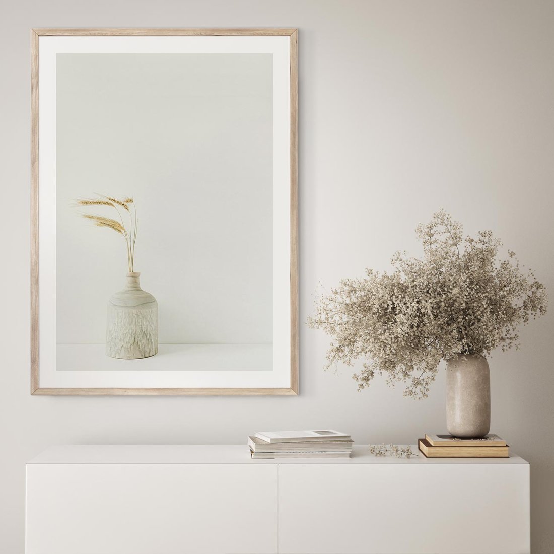 Plakat w ramie 40x50 - Sztuka Prostoty - minimalistyczny wazon, źdźbła traw - rama drewno