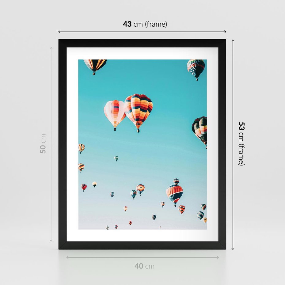 Plakat w ramie 40x50 - Balonowa Ekscytacja - balony latają w powietrzu, wyścigi balonów - rama czarna