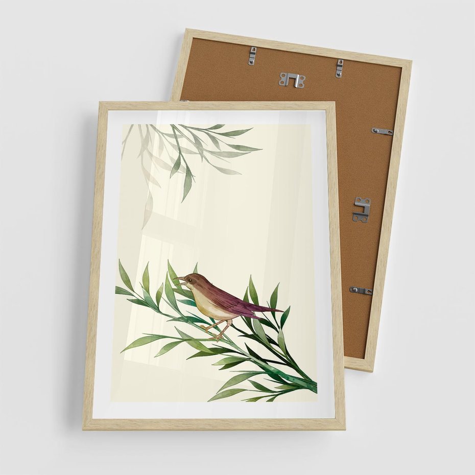 Plakat w ramie 50x70 - Roślinne Nastroje - japońska sztuka, ptak - rama drewno