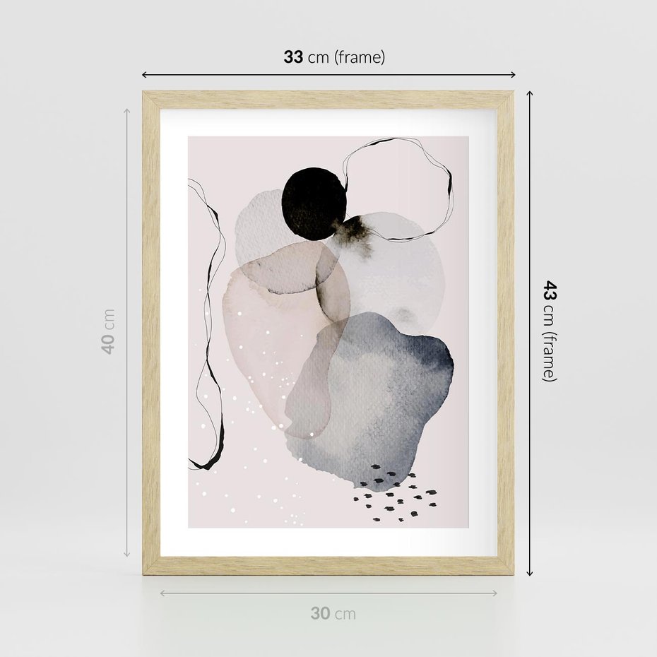 Plakat w ramie 30x40 - Migocące Barwy - abstrakcyjne plamy akwarelowe, czarny szkic - rama drewno