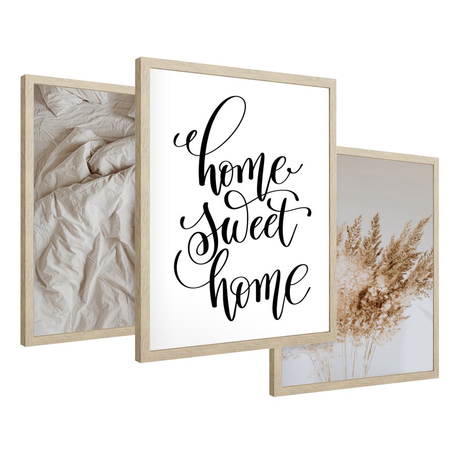 Zestaw obrazy w ramie 30x40 galeria - Dom, home, cytat, napis, typografia - rama drewno