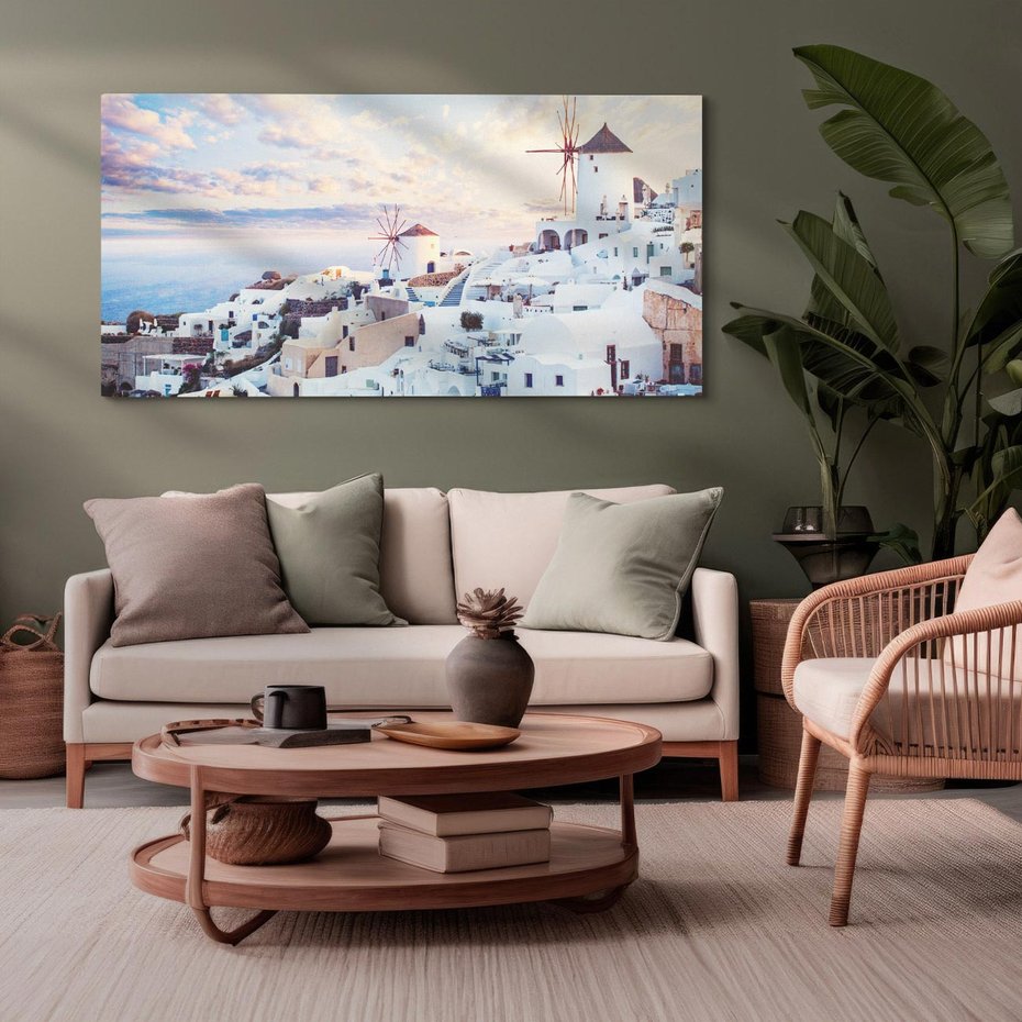 Obraz na płótnie 140x70 - Biel ponad Błękitem - Santorini, białe budynki