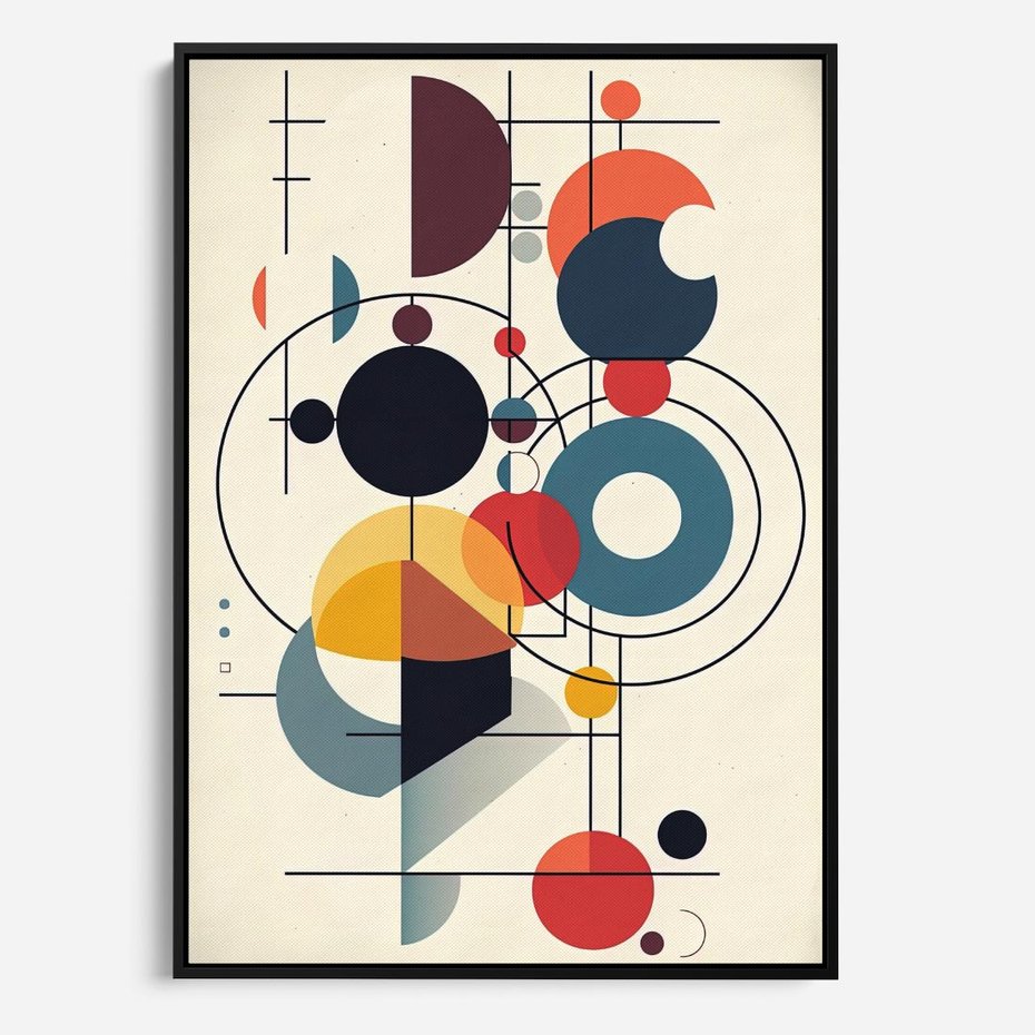 Obraz w ramie 50x70 - Rozbijające Barwne Granice - abstrakcyjna geometryczna kompozycja, koła linie - rama czarna