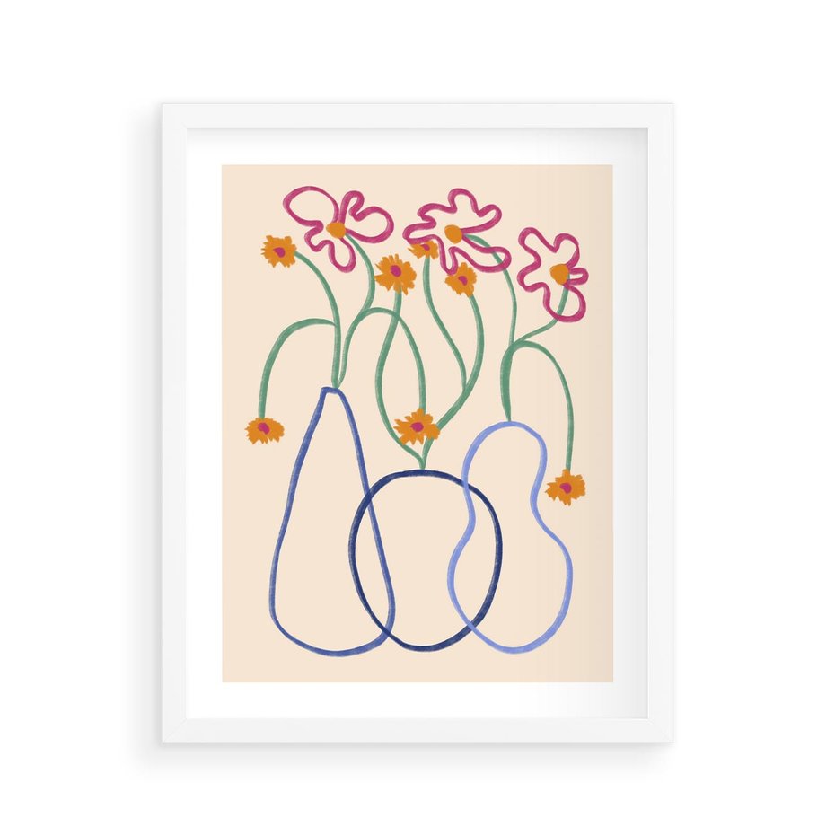 Plakat w ramie 40x50 - Migocące Pastelowe Impresje - minimalistyczny abstrakcyjny obraz, prymitywne kwiatki - rama biała