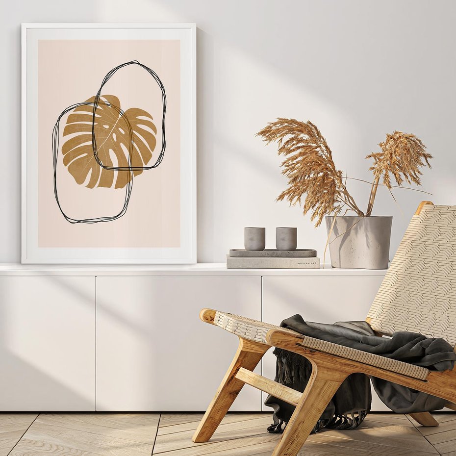 Plakat bez ramy 30x40 - Liście w Beżowym Minimalizmie - minimalistyczny obraz, liście monstery