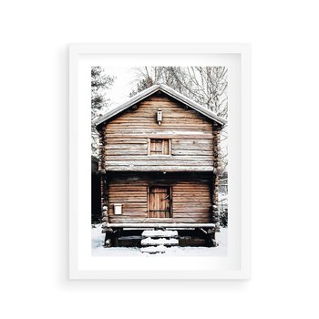 Plakat w ramie 30x40 - Śnieżny Ustronny Raj - domek w górach, śnieg - rama biała