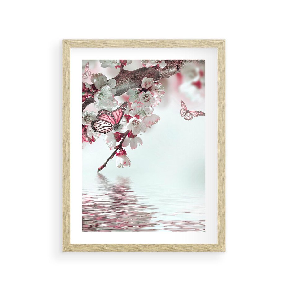 Plakat w ramie 30x40 - Kwiatowa baśń z motylami - kwiaty, motyle - rama drewno