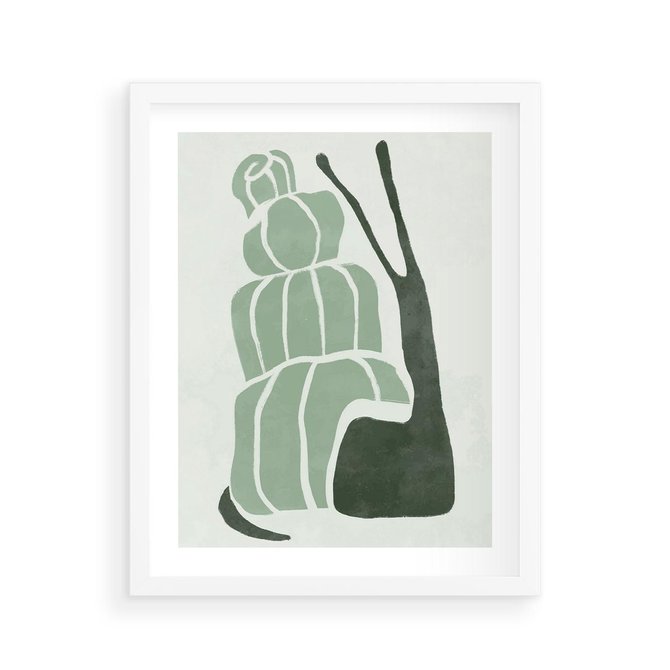 Plakat w ramie 40x50 - Zielona Równowaga - abstrakcyjny zielony ślimak, skandynawski design - rama biała