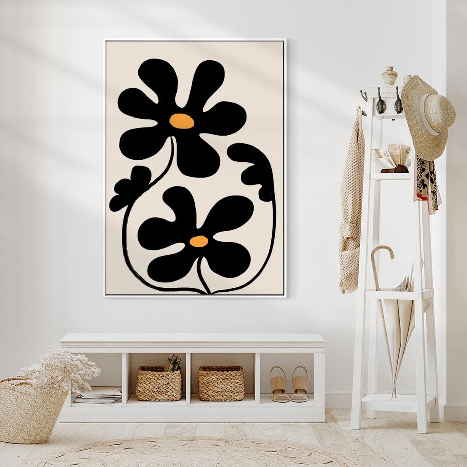 Obraz w ramie 80x120 - Wyjątkowość Boho - minimalistyczny abstrakcyjny obraz, prymitywne kwiaty - rama biała