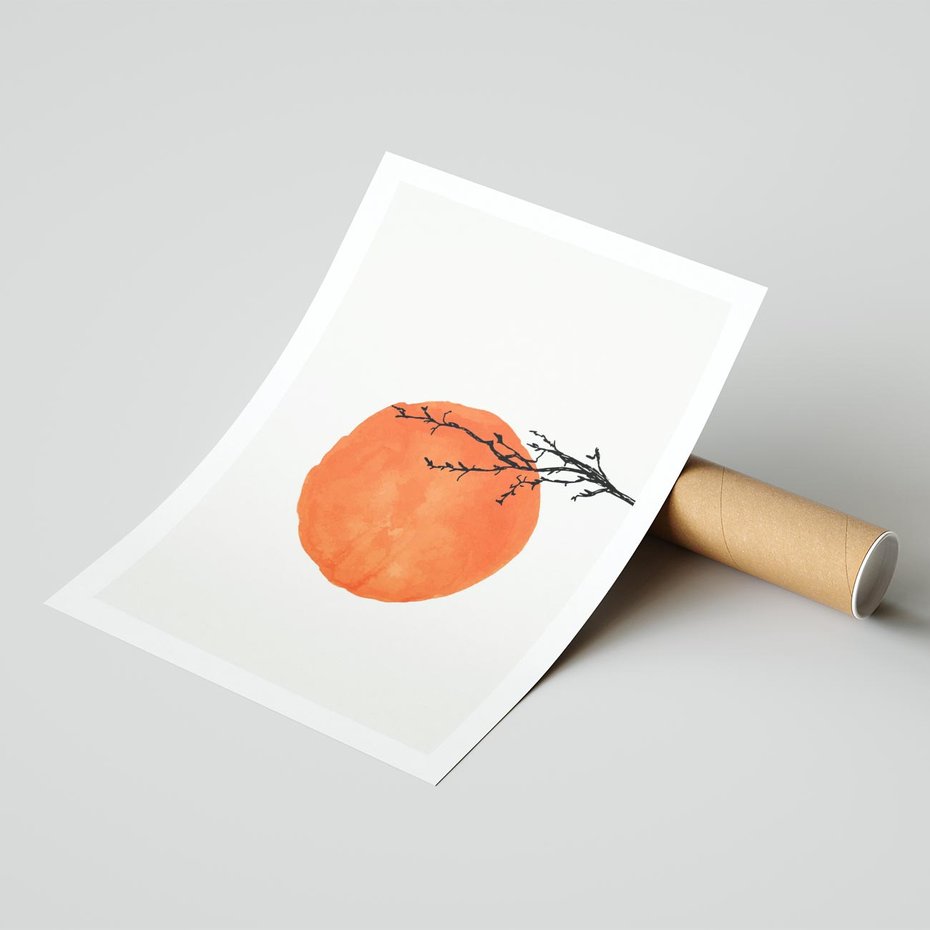 Plakat bez ramy 21x30 - Słońce i Gałązka - pomarańczowe słońce, gałązka