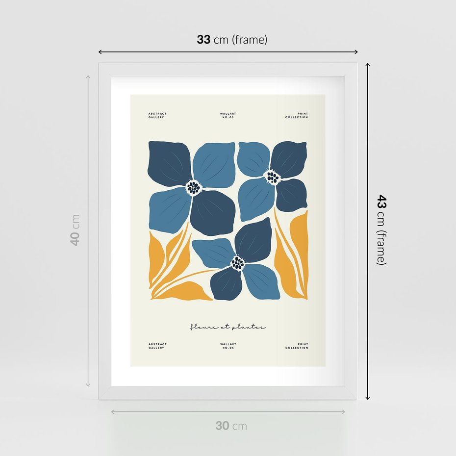 Plakat w ramie 30x40 - Błękitne Nowości - niebieskie kwiaty, nowoczesna sztuka - rama biała