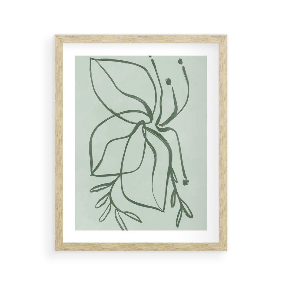 Plakat w ramie 40x50 - Energetyczne Odrodzenie Natury - abstrakcyjne delikatne zielone linie, podobne do gałęzi kwiatów - rama drewno